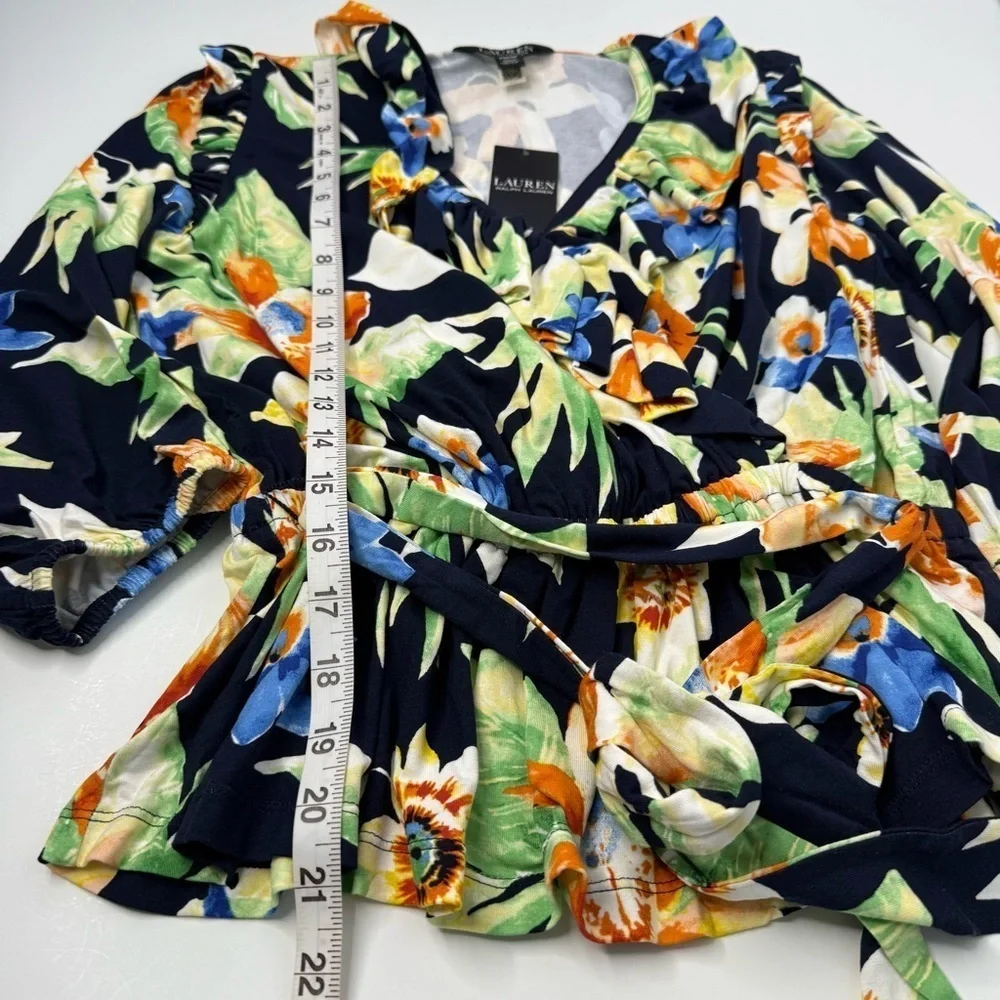 Lauren Ralph Lauren Floral Jersey Belted Peplum Top Women M Ruffles Tropical - Picture 13 of 15